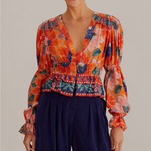 NWT Orange Marias Floral Long Sleeve Blouse - XXS